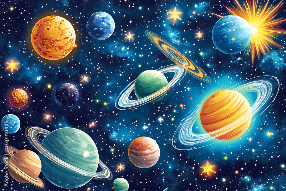 A vibrant depiction of planets and stars in a colorful cosmic scene. A vibrant depiction of planets and stars in a colorful cosmic scene.