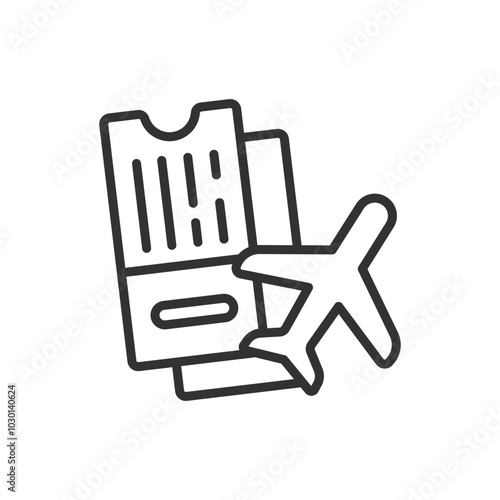 Boarding pass, in line design. Boarding pass, ticket, flight ticket, airline pass, travel document, plane ticket, air travel on white background vector. Boarding pass editable stroke icon