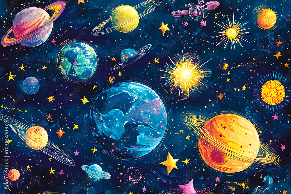 Fototapeta premium A vibrant cosmic illustration featuring planets, stars, and celestial bodies in space.