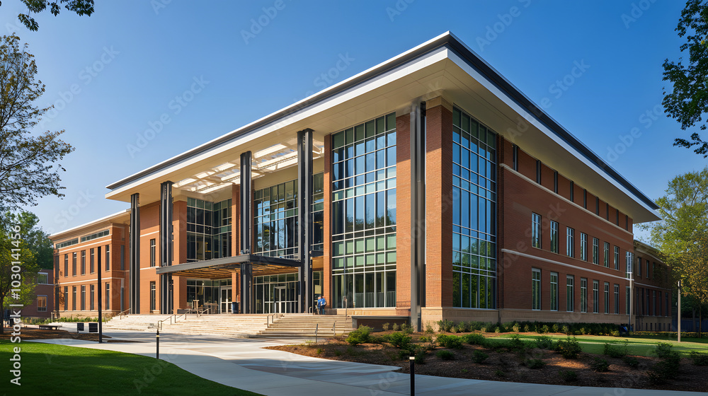 Visionary three-floor student center with a rectilinear hook shape, focusing on environmental harmony and innovative architectural balance Visionary three-floor student center with a rectilinear hook shape, focusing on environmental harmony and innovative architectural balance