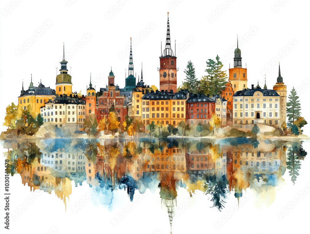 Charming Swedish town with colorful buildings and water reflections Charming Swedish town with colorful buildings and water reflections