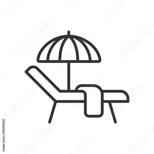 Sunbed, in line design. Sunbed, beach, relaxation, lounge chair, sunbathing, summer, outdoor on white background vector. Sunbed editable stroke icon