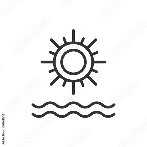 Warm sea, in line design. Warm sea, beach, ocean, summer, waves, sun, tropical on white background vector. Warm sea editable stroke icon