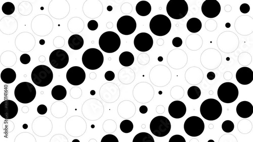 Minimalistic black and white circle pattern with varying sizes of bubbles distributed across a white background. Gives a sense of simplicity and elegance. 4K Seamless loop