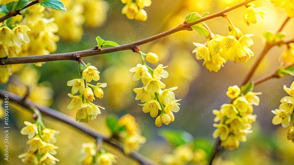 A delicate branch adorned with clusters of vibrant yellow blossoms, illuminated by the warm glow of sunlight. A delicate branch adorned with clusters of vibrant yellow blossoms, illuminated by the warm glow of sunlight.