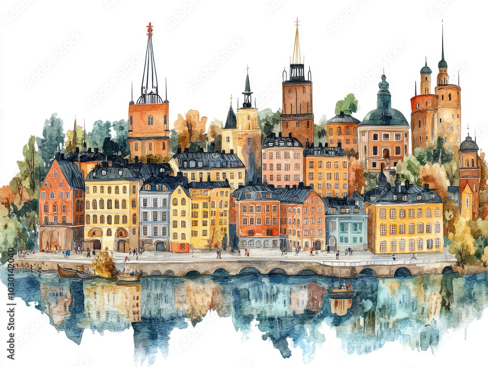 Obraz premium Charming Swedish town with colorful buildings and water reflections