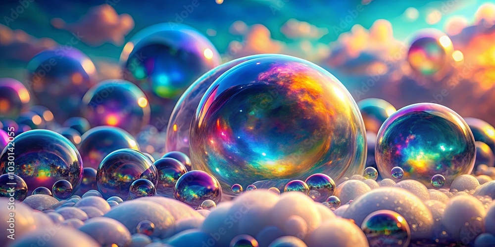 A symphony of iridescent orbs, each reflecting the cosmos, nestled amongst soft, fluffy clouds, creating an ethereal and mesmerizing dreamscape. A symphony of iridescent orbs, each reflecting the cosmos, nestled amongst soft, fluffy clouds, creating an ethereal and mesmerizing dreamscape.