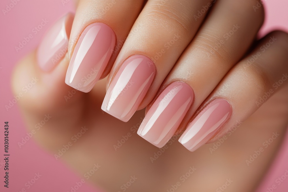 A woman showcasing her elegant pink manicure against a soft pink background A woman showcasing her elegant pink manicure against a soft pink background