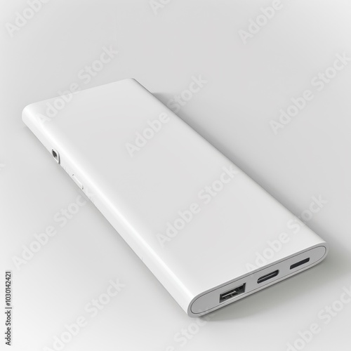 Slim white portable power bank with multiple charging ports on white background