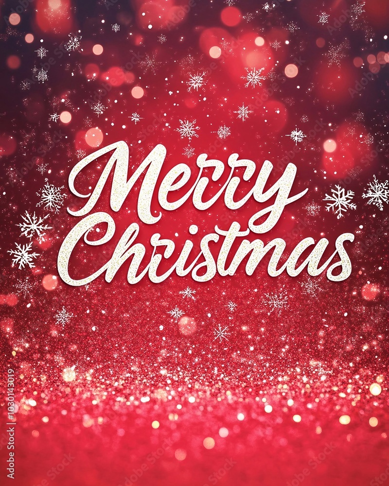 Fototapeta premium Cartolina d'auguri Merry Christmas decorata con fiocchi di neve e stelline. Scritta bianca su sfondo rosso.