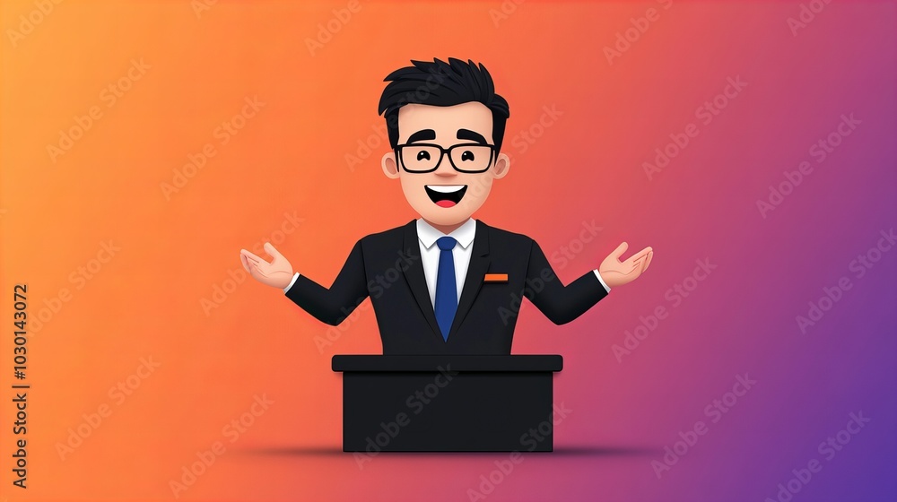 A cheerful cartoon character of a young man in a suit and glasses, standing behind a podium with an open expression, as if welcoming or addressing an audience, against a vibrant gradient background A cheerful cartoon character of a young man in a suit and glasses, standing behind a podium with an open expression, as if welcoming or addressing an audience, against a vibrant gradient background