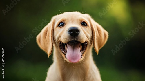 A cheerful close-up of a golden retriever puppy with its mouth open and tongue out, exuding joy and playfulness, set against a soft green background