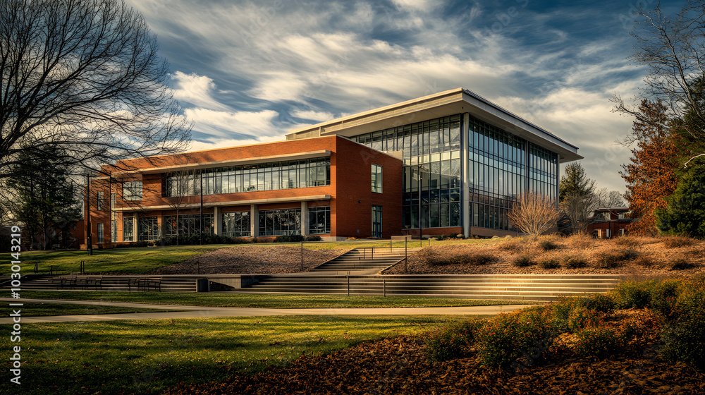 Architectural masterpiece: A three-level student center designed to balance sunlight exposure and material harmony within a university context Architectural masterpiece: A three-level student center designed to balance sunlight exposure and material harmony within a university context