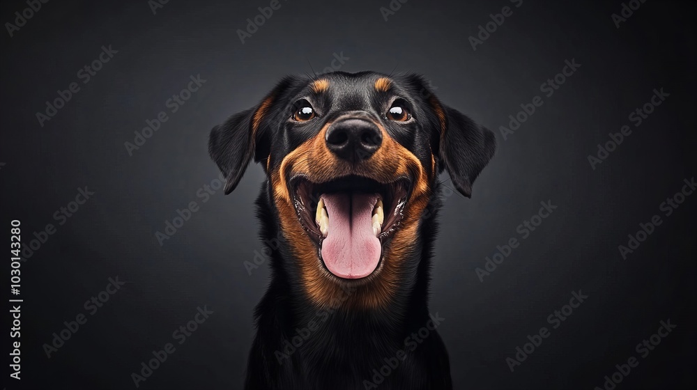 A close-up portrait of a smiling Rottweiler dog against a dark background, showcasing its joyful expression and shiny coat A close-up portrait of a smiling Rottweiler dog against a dark background, showcasing its joyful expression and shiny coat