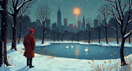 Holden Caulfield walks through Central Park on New Year’s Eve, contemplating the frozen pond as snow falls softly around him, symbolizing youth's struggles and the complexity of life.