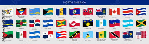 A set of wave-shaped flags of North American countries. Detailed national flags of North and Central America countries, including small states and dependent territories. Vector illustration