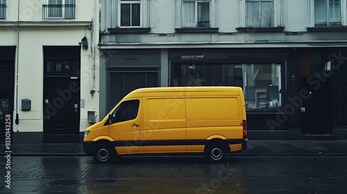 Yellow delivery van parked on city street. Van delivering posts and parcels 