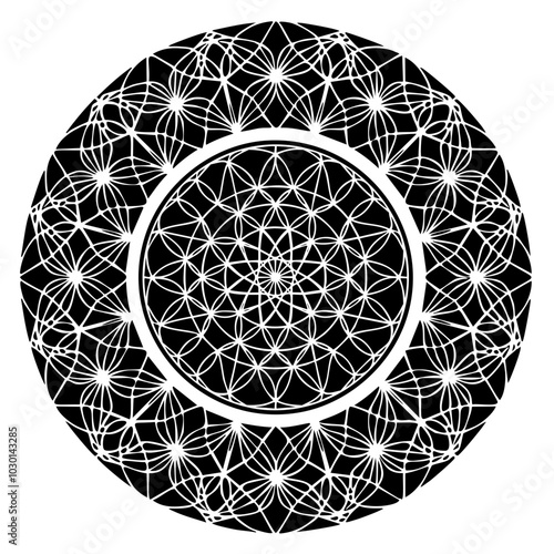 Mandala d'Energie, Roue, Cercle, Design pour Méditation, Elément Décoratif, Noir et Blanc, Unité, Univers, Cosmos, Source, Essence