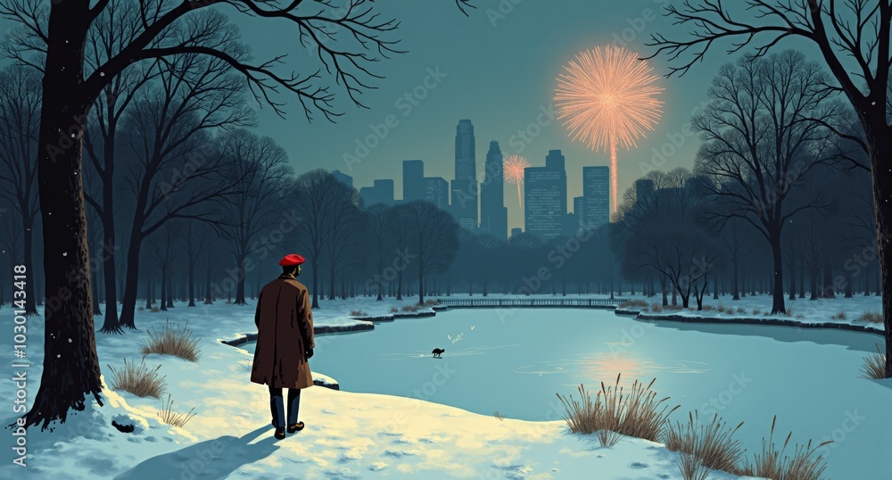 custom made wallpaper toronto digitalHolden Caulfield walks through Central Park on New Year’s Eve, contemplating the frozen pond as snow falls softly around him, symbolizing youth's struggles and the complexity of life.