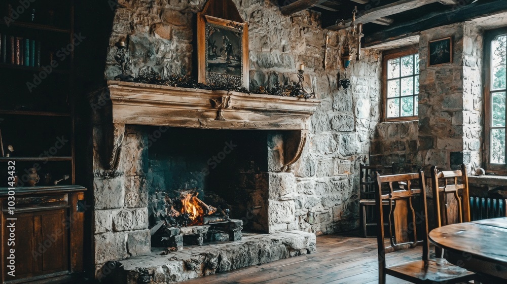 Historical fireplace in old castle. Medieval castle bedroom interior with stone fireplace Historical fireplace in old castle. Medieval castle bedroom interior with stone fireplace