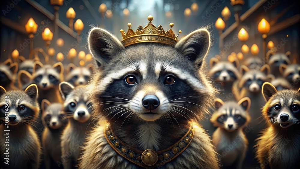 A Regal Raccoon Leading a Procession of Its Kind, Adorned with a Golden Crown and a Regal Collar, Standing Proudly Before a Background of Glowing Lights A Regal Raccoon Leading a Procession of Its Kind, Adorned with a Golden Crown and a Regal Collar, Standing Proudly Before a Background of Glowing Lights