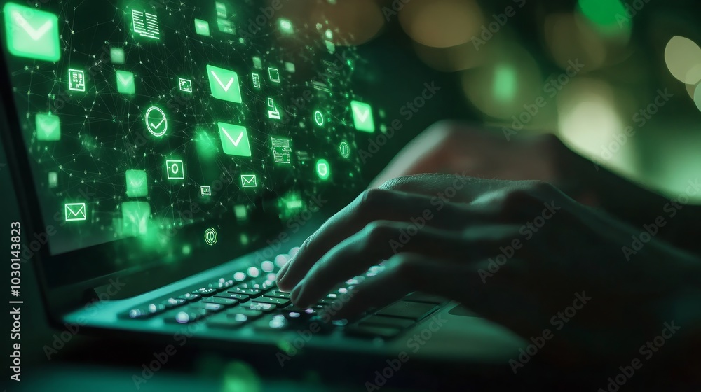 Hands typing on a laptop with green email icons floating above the screen. Hands typing on a laptop with green email icons floating above the screen.