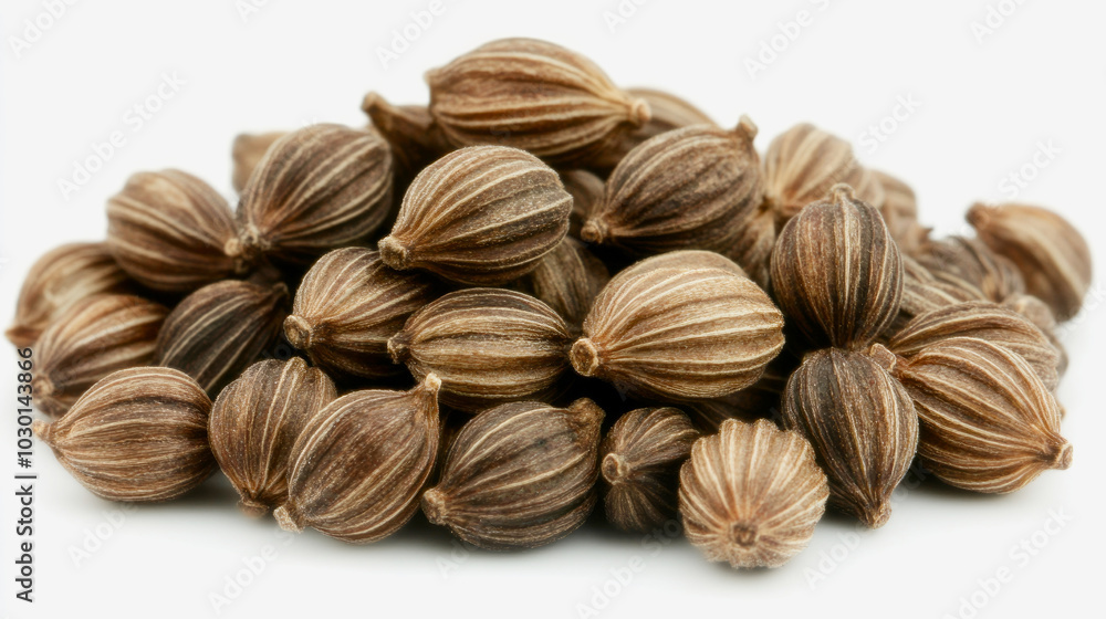 A small pile of whole coriander seeds with their round, brown shape, scattered on a white background A small pile of whole coriander seeds with their round, brown shape, scattered on a white background