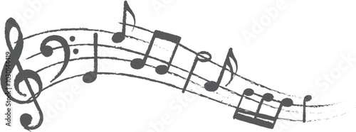 Musical notes. Treble clef on sheet music. Musical note icons in grunge style.