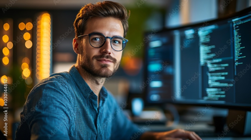 Fototapeta premium Young Professional Programmer Working at Night
