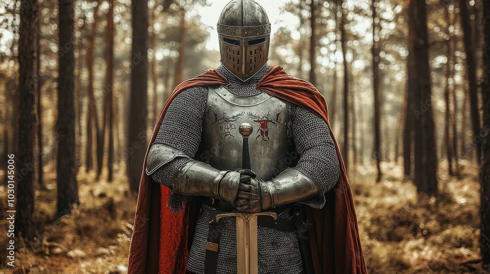 Gleaming Medieval Knight in Forest Setting Gleaming Medieval Knight in Forest Setting