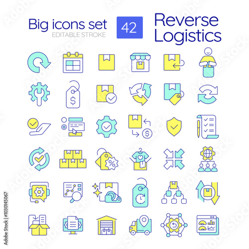Reverse logistics RGB color icons set. Return product. Reselling and repair. Supply chain. Customer service. Isolated vector illustrations. Simple filled line drawings collection. Editable stroke