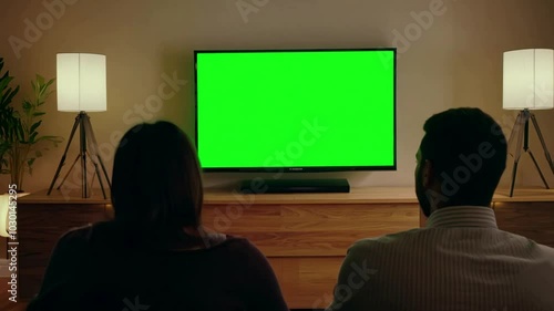 Two people see a tv vith green screen. Generative AI