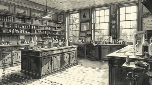 Generate an old engraving style illustration of a Victorian-era scientific laboratory