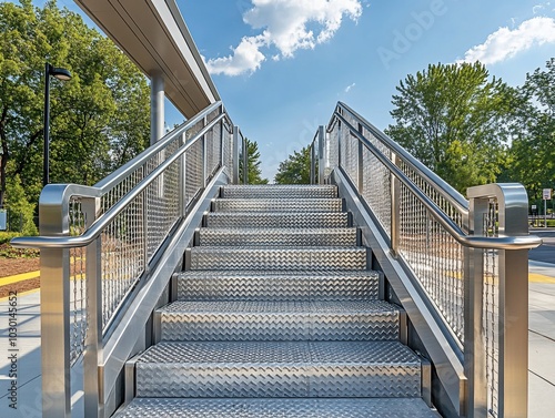 Metal staircase leading upwards towards a walkway with green trees and blue sky in the background.