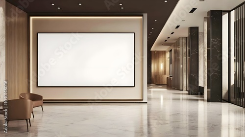 Fototapeta Naklejka Na Ścianę i Meble -  Blank white rectangular frame mounted on office lobby wall provides vast empty space for mockup designs and artistic creations