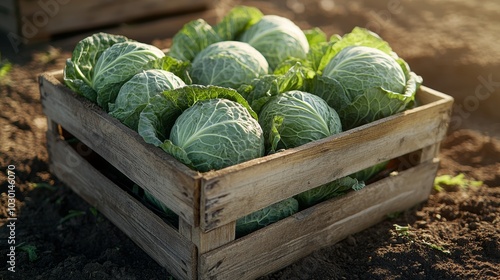Fresh Organic Green Cabbages In Wooden Crate On Ground. Autumn Harvest. Vegetarian Healthy Food