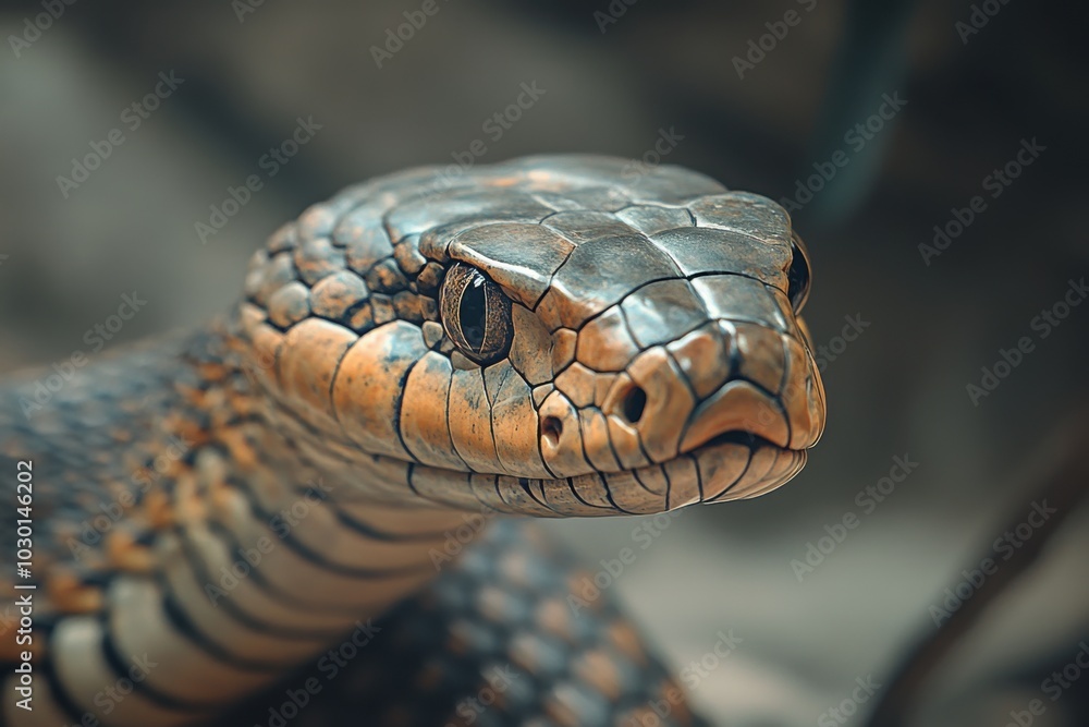 Close-up of a majestic King Cobra resting in its natural habitat among lush vegetation Close-up of a majestic King Cobra resting in its natural habitat among lush vegetation