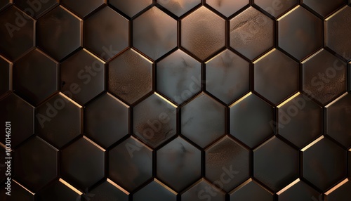 Abstract Geometric Pattern of Black Hexagonal Tiles with Gold Accents