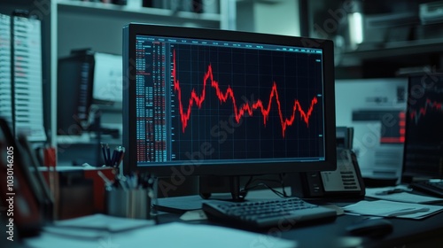 Monitor displaying volatile stock market data with red graph in office setting