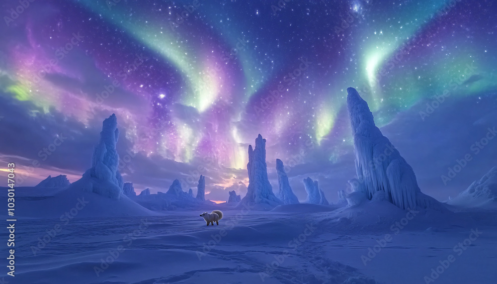Fototapeta premium Towering ice spires protrude from a flat, snowy tundra, each glowing with swirling colors from a nearby aurora borealis
