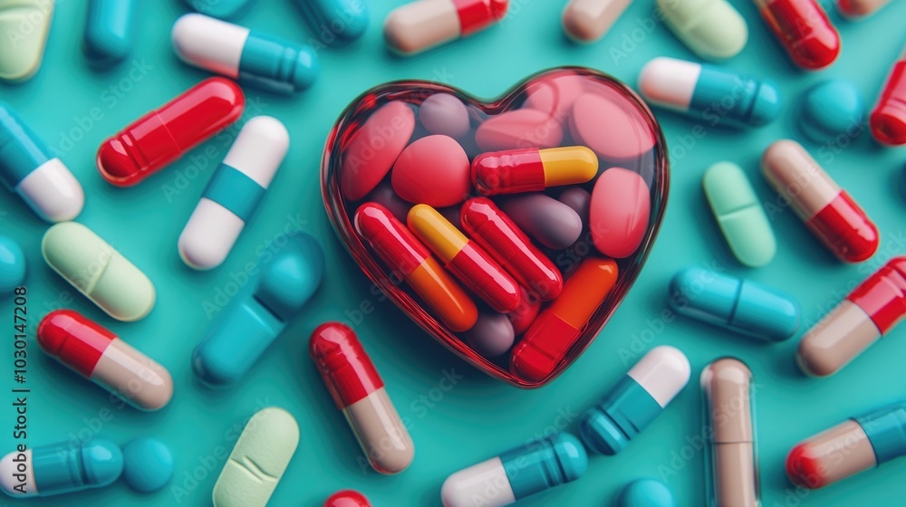 Vibrant Glowing Heart Symbolically Absorbing Nourishing Supplements from Colorful Capsules Representing Cardiovascular Health and Wellness Vibrant Glowing Heart Symbolically Absorbing Nourishing Supplements from Colorful Capsules Representing Cardiovascular Health and Wellness