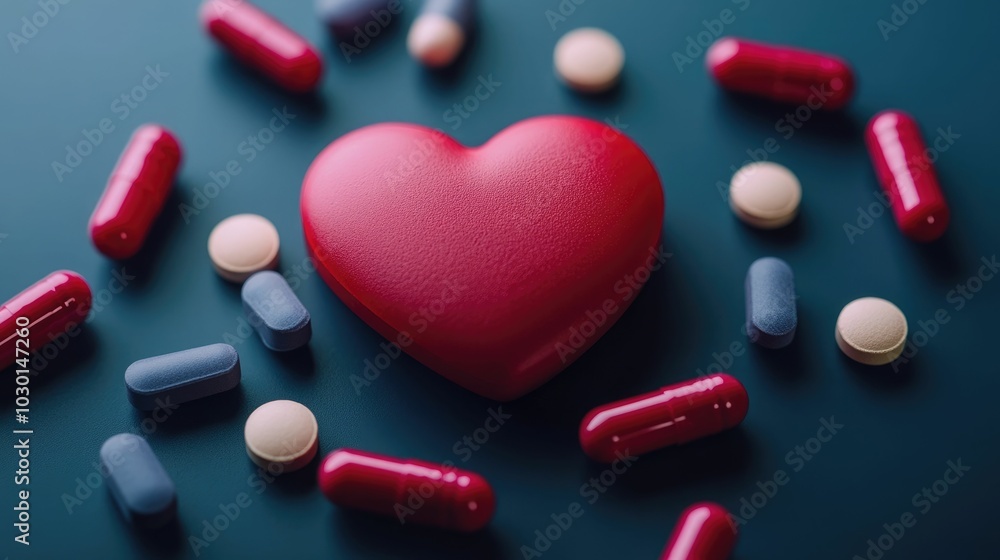Cross section of a glowing heart symbolically absorbing vitamins and supplements from a variety of colorful capsules representing nourishment and support for cardiovascular health and wellness Cross section of a glowing heart symbolically absorbing vitamins and supplements from a variety of colorful capsules representing nourishment and support for cardiovascular health and wellness
