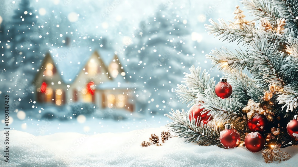 Festive winter scene with snow, Christmas tree, and cozy house. Festive winter scene with snow, Christmas tree, and cozy house.