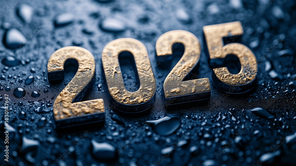 Golden metal texture number decoration representing the year 2025 placed on a dark blue background with water droplets. Top view. New Year, year-end, event, festival, party, celebration, start Golden metal texture number decoration representing the year 2025 placed on a dark blue background with water droplets. Top view. New Year, year-end, event, festival, party, celebration, start