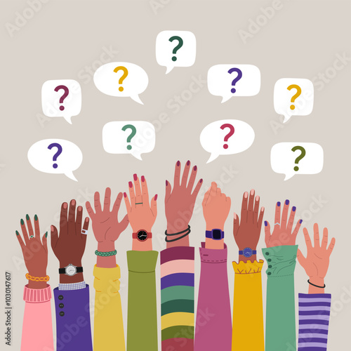 Group of multiracial peoples hands raised up and speech bubbles with questions marks. FAQ and questions concept. Hand drawn vector vector illustration isolated on light background, flat cartoon style.