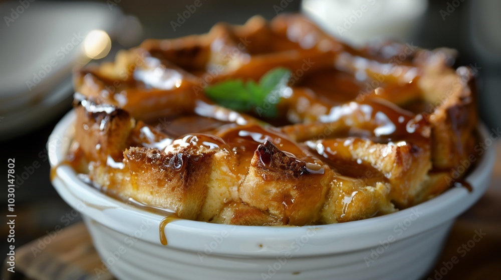 Close-up of a Delicious Bread Pudding with Caramel Glaze Close-up of a Delicious Bread Pudding with Caramel Glaze