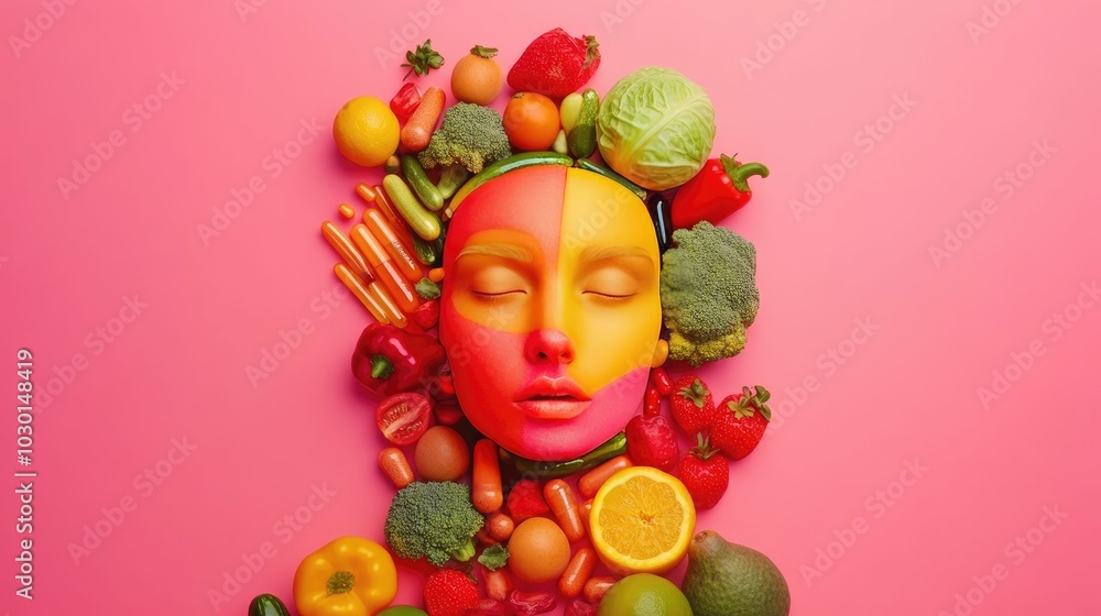 Close up portrait of glowing radiant skin illuminated by streams of vitamins from surrounding vibrant fruits and vegetables Close up portrait of glowing radiant skin illuminated by streams of vitamins from surrounding vibrant fruits and vegetables