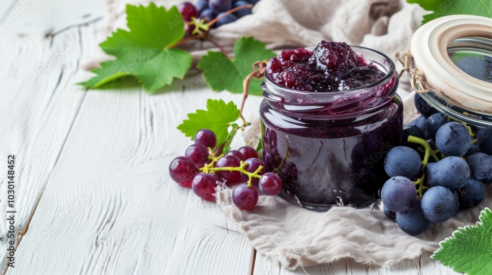 Luscious Black Currant and Grape Jelly: A Tempting Delight Set Against a Serene White Wooden Backgro Luscious Black Currant and Grape Jelly: A Tempting Delight Set Against a Serene White Wooden Backgro