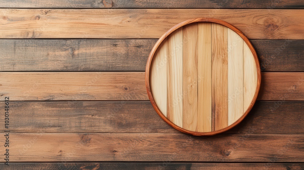 Modern circular wooden sign on a sleek minimal wooden wall in an urban street scene. Modern circular wooden sign on a sleek minimal wooden wall in an urban street scene.