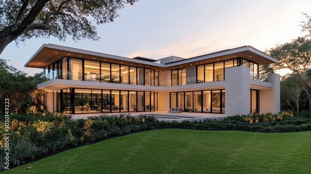 Modern Home with Aerial View Surrounded by Nature Modern Home with Aerial View Surrounded by Nature